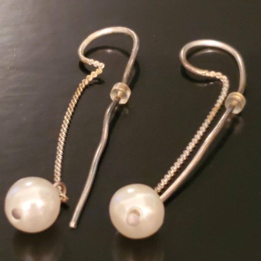 Elegant Dangling Pearl Earrings - Silver & Gold Tone - 2" Length - Classy & Mo